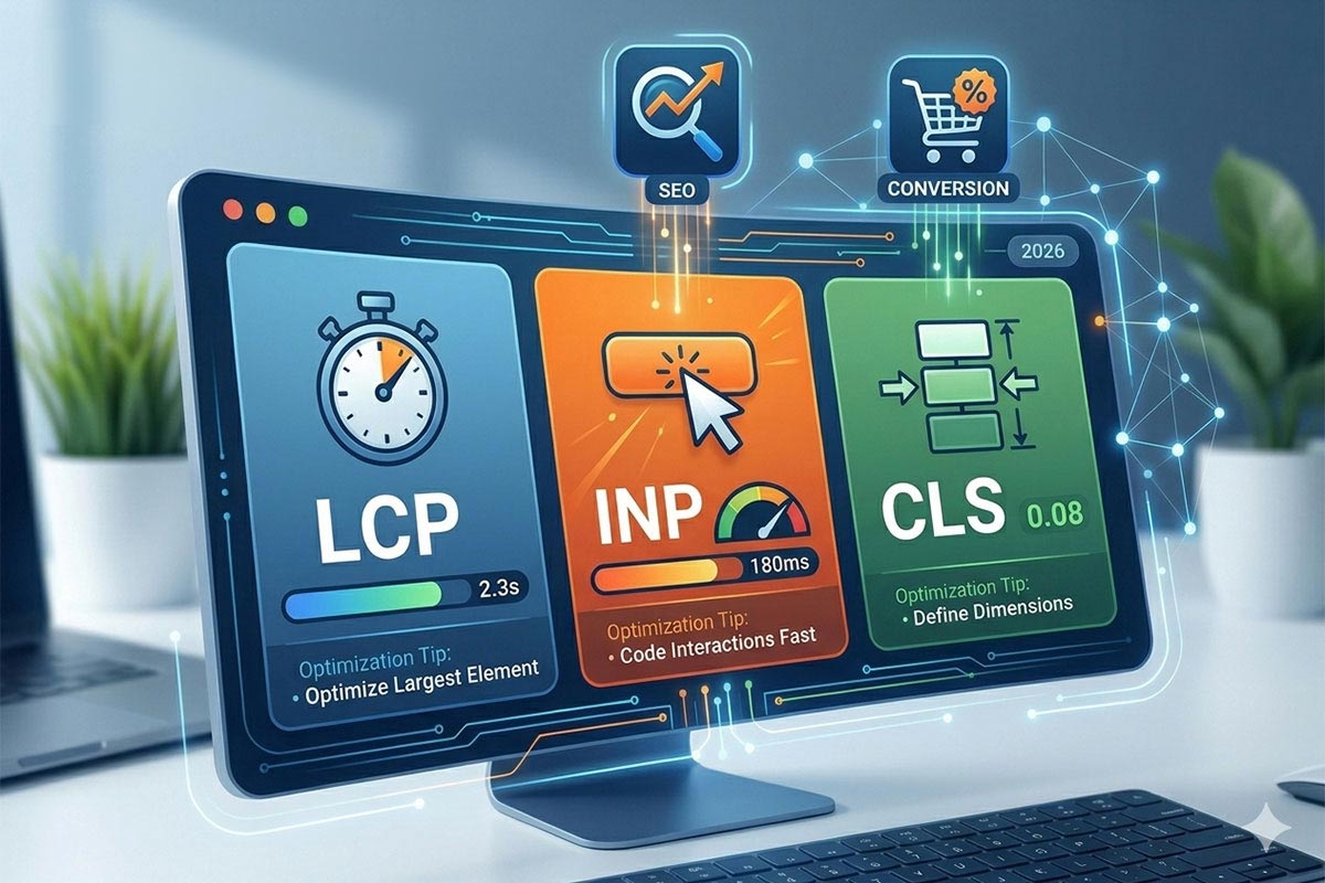 Infográfico digital em um monitor de computador exibe os três pilares dos Core Web Vitals de 2026: LCP em azul com um cronômetro apontando 2.3s, INP em laranja com um cursor de clique marcando 180ms e CLS em verde indicando pontuação de 0.08, encimados por ícones de SEO e Conversão.
