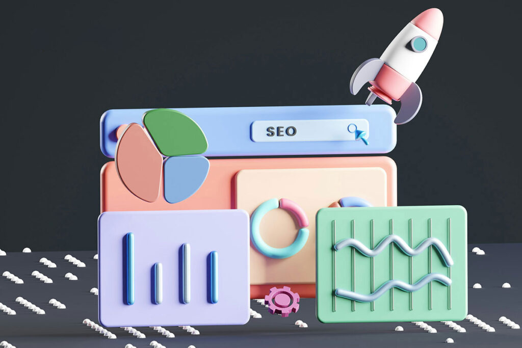 Ilustração em maquete 3D com elementos flutuantes representando painéis de análise de dados, gráficos de pizza e de barras coloridos, uma barra de pesquisa com a palavra SEO escrita e um pequeno foguete decolando ao lado direito.