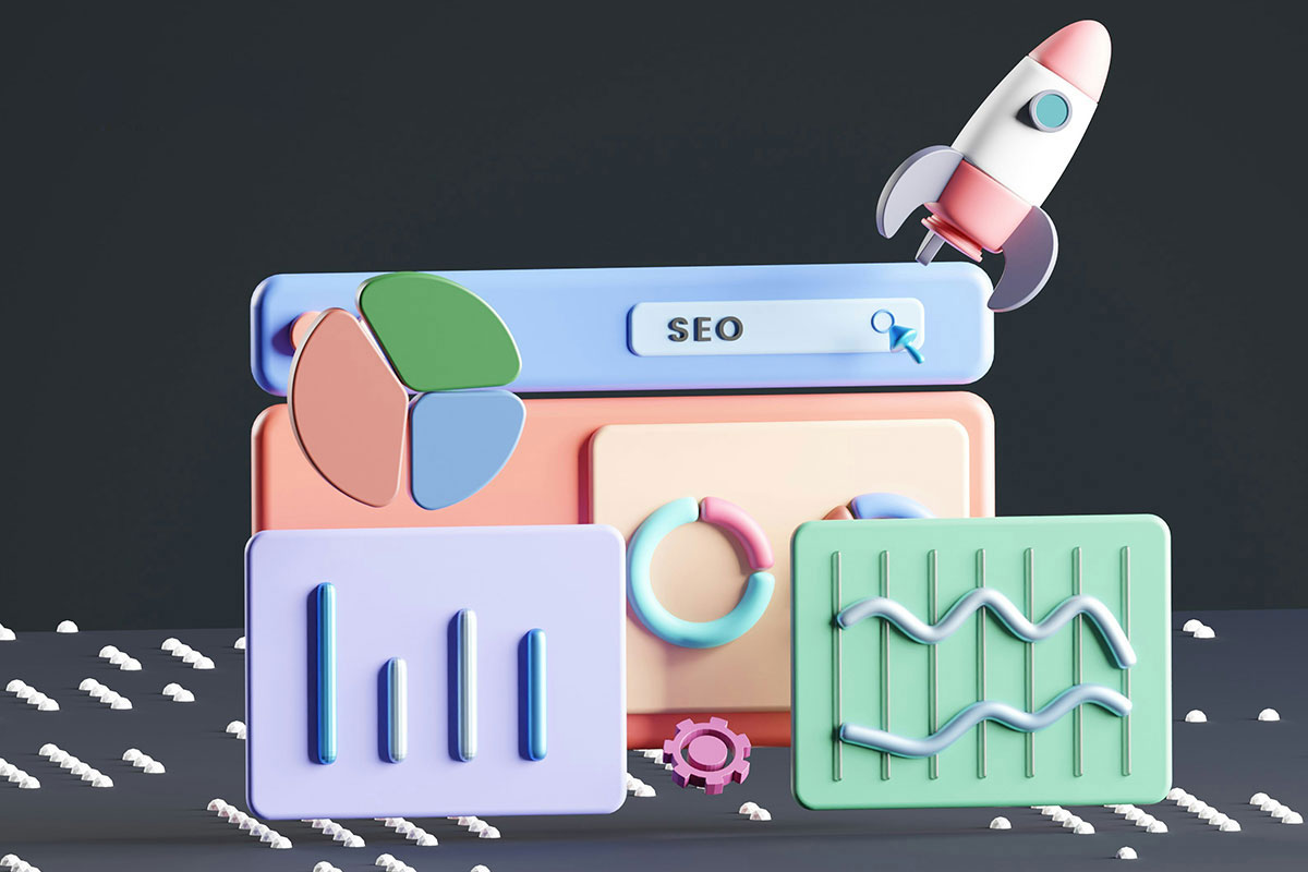 Ilustração em maquete 3D com elementos flutuantes representando painéis de análise de dados, gráficos de pizza e de barras coloridos, uma barra de pesquisa com a palavra SEO escrita e um pequeno foguete decolando ao lado direito.