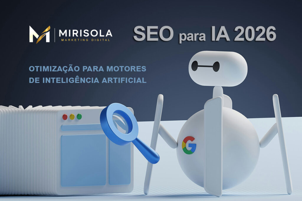 Ilustração conceitual sobre SEO para IA e otimização de sites para ferramentas como ChatGPT e Gemini.
