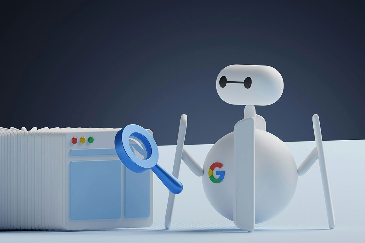 Ilustração em 3D de um pequeno robô branco com o logotipo do Google estampado no corpo, segurando uma lupa azul para analisar um empilhamento de janelas de sites estilizadas.
