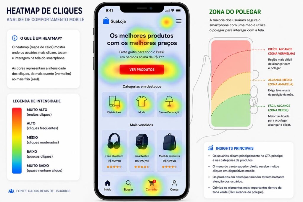 Infográfico explicativo de um heatmap de cliques em interface mobile, mostrando áreas de maior intensidade de toque na tela de um smartphone e um diagrama lateral ilustrando as zonas de alcance do polegar.