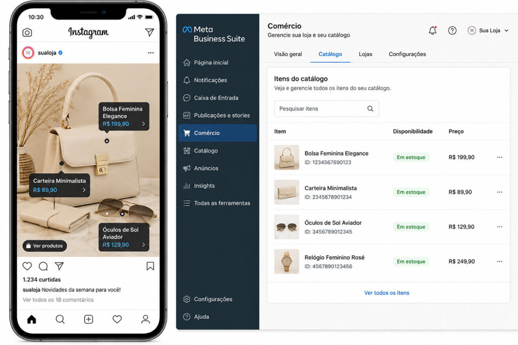 Interface dividida mostrando do lado esquerdo um smartphone com uma publicação do Instagram contendo tags de preço de produtos (sacolinha) e, do lado direito, o painel do Meta Business Suite na seção de Catálogo de Comércio exibindo a lista com o estoque e valores dos mesmos itens sincronizados.