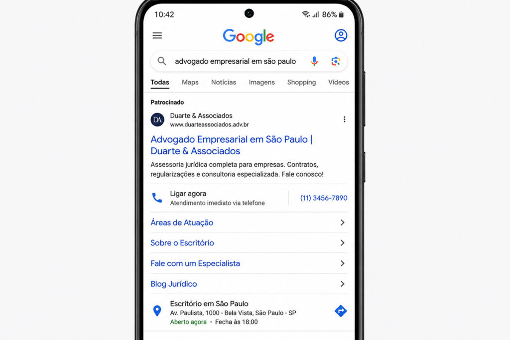 Simulação visual de um anúncio digital otimizado exibido na tela de um dispositivo móvel com recursos de chamada e links adicionais.