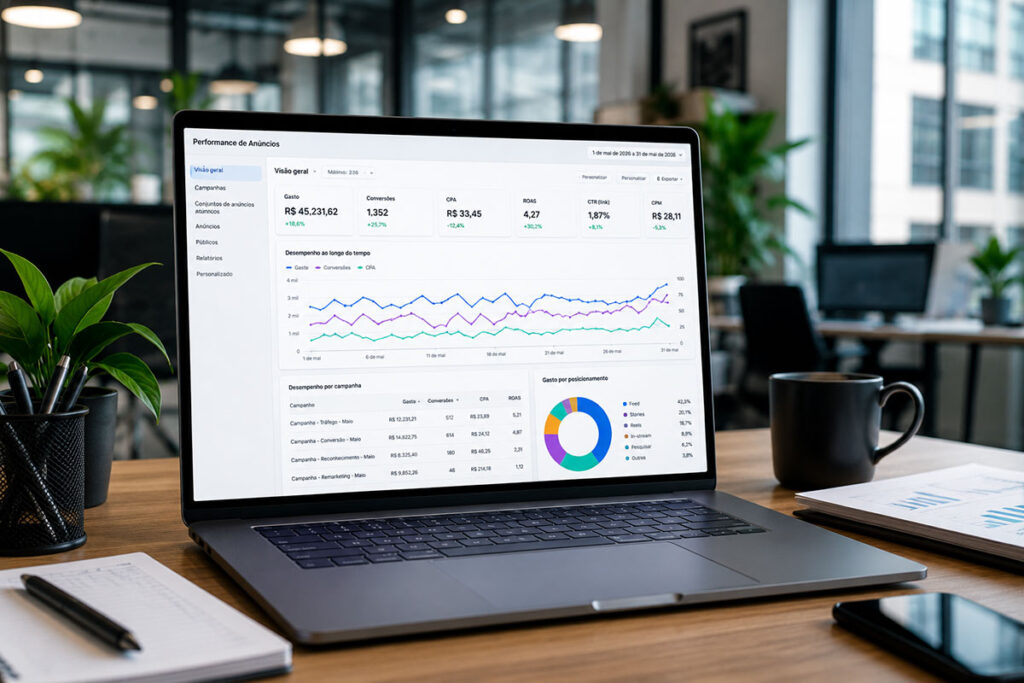 Notebook em uma mesa de escritório exibindo um dashboard técnico com métricas de performance de anúncios do Meta Ads, exibindo dados de CPA, ROAS e conversões.