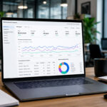 Notebook em uma mesa de escritório exibindo um dashboard técnico com métricas de performance de anúncios do Meta Ads, exibindo dados de CPA, ROAS e conversões.