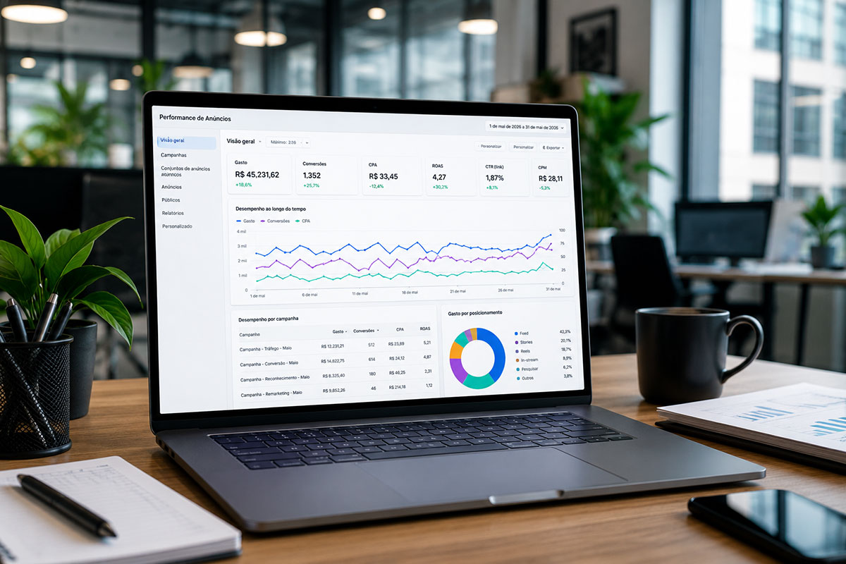 Notebook em uma mesa de escritório exibindo um dashboard técnico com métricas de performance de anúncios do Meta Ads, exibindo dados de CPA, ROAS e conversões.