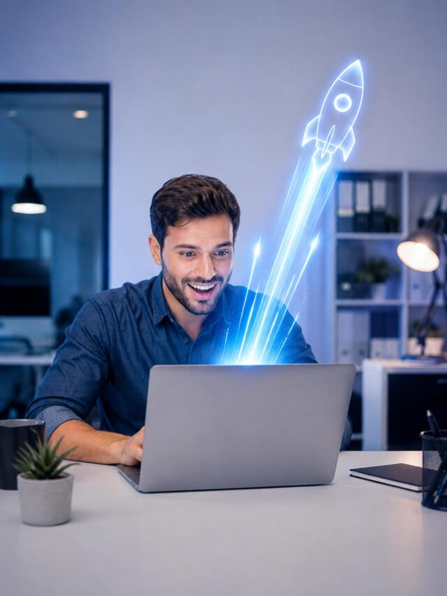 Profissional em escritório observando um notebook enquanto um foguete holográfico simboliza o aumento da velocidade e desempenho do site WordPress.