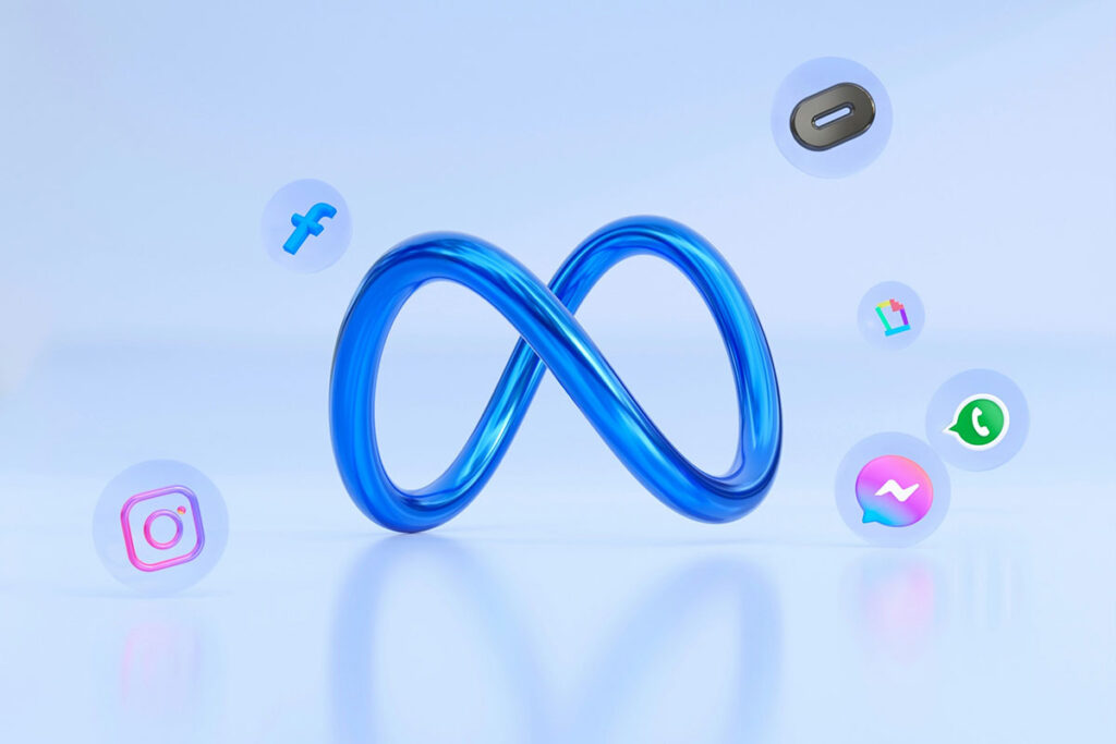 Logotipo tridimensional azul da Meta flutuando em um fundo claro, cercado por ícones circulares e transparentes do Instagram, Facebook, WhatsApp e Messenger.
