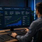 Homem sentado de perfil em escritório analisando uma tela de monitor que exibe o painel do Meta Ads Manager. A tela mostra gráficos de linha ascendentes verdes e barras azuis com métricas de crescimento em conversões e faturamento. Na mesa há um teclado, caneca preta com a frase "estratégia dados resultados" e um caderno fechado.