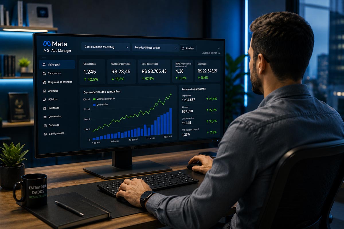 Homem sentado de perfil em escritório analisando uma tela de monitor que exibe o painel do Meta Ads Manager. A tela mostra gráficos de linha ascendentes verdes e barras azuis com métricas de crescimento em conversões e faturamento. Na mesa há um teclado, caneca preta com a frase "estratégia dados resultados" e um caderno fechado.