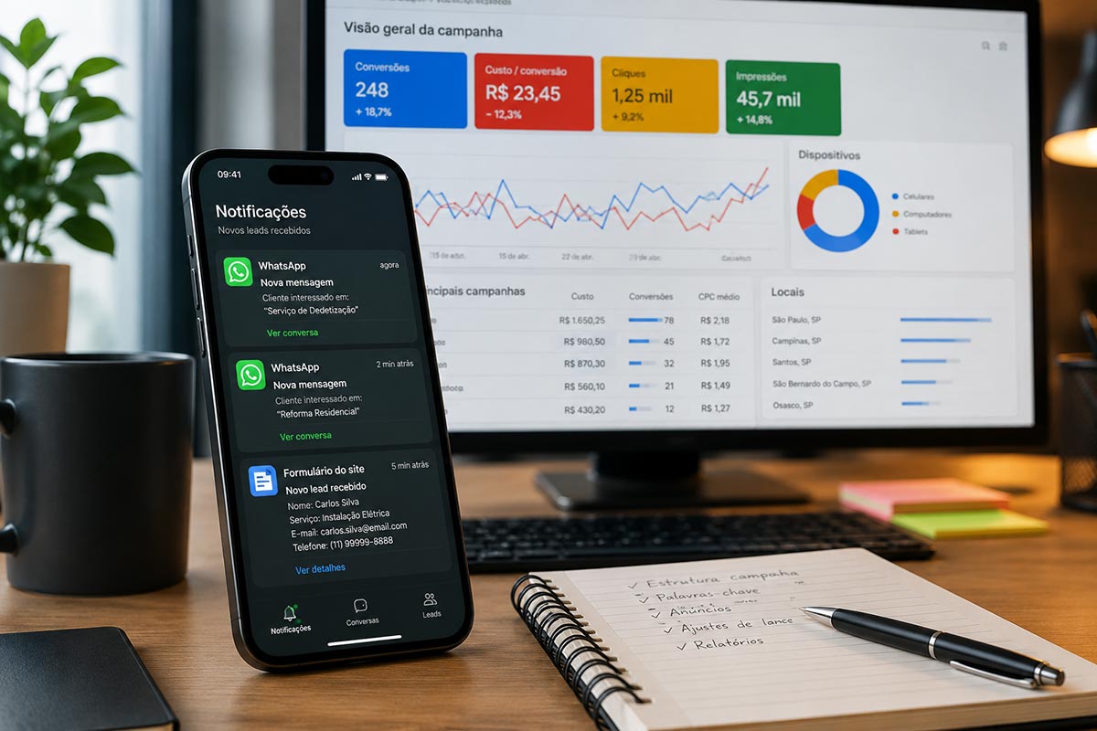 Smartphone em cima de mesa de escritório exibindo notificações de novas mensagens de leads de negócios recebidas em tempo real.