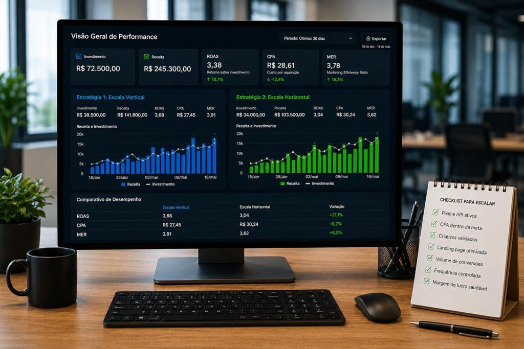 Monitor de computador em close-up exibindo uma tela de Visão Geral de Performance com dados comparativos entre as estratégias de Escala Vertical (gráficos azuis) e Escala Horizontal (gráficos verdes). À direita do monitor, sobre uma mesa de madeira, há um bloco de notas espiral com um checklist operacional marcado e uma caneta ao lado.