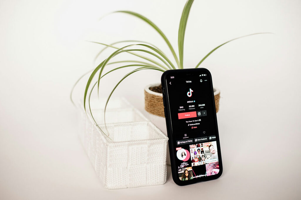 Smartphone preto exibindo o aplicativo do TikTok em tela cheia, apoiado sobre uma mesa branca ao lado de um vaso com planta verde e uma caixa organizadora de tecido branco.