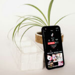 Smartphone preto exibindo o aplicativo do TikTok em tela cheia, apoiado sobre uma mesa branca ao lado de um vaso com planta verde e uma caixa organizadora de tecido branco.