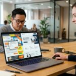 Profissionais em escritório corporativo analisando tela de notebook com comparação entre layout de site poluído e layout B2B otimizado.