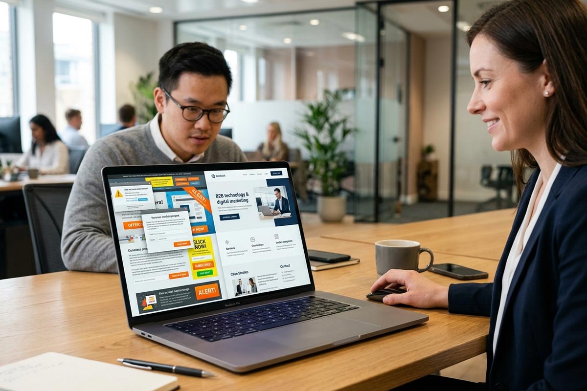 Profissionais em escritório corporativo analisando tela de notebook com comparação entre layout de site poluído e layout B2B otimizado.