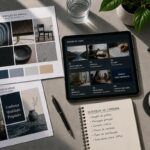 Visão superior de uma mesa de trabalho com painel de referências de marca, roteiro de vídeo em tablet e caderno com planejamento de campanha.