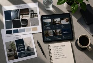 Visão superior de uma mesa de trabalho com painel de referências de marca, roteiro de vídeo em tablet e caderno com planejamento de campanha.