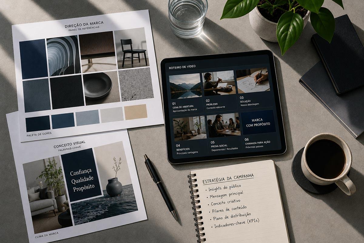 Visão superior de uma mesa de trabalho com painel de referências de marca, roteiro de vídeo em tablet e caderno com planejamento de campanha.