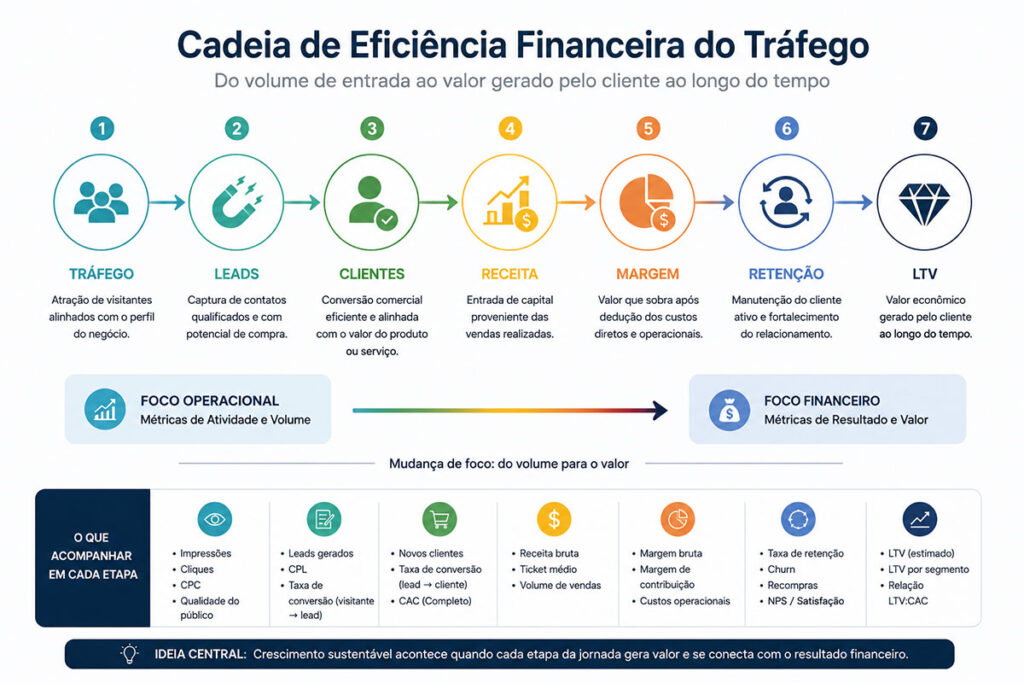 Infográfico detalhando a Cadeia de Eficiência Financeira do Tráfego, dividindo a jornada de marketing entre foco operacional de volume e foco financeiro de resultado.