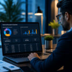 Estrategista de mídia analisando painel de alocação de orçamento de tráfego pago em um laptop em ambiente de escritório.