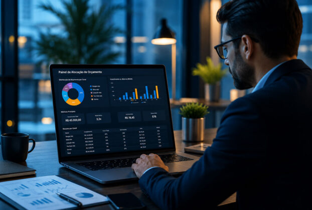 Estrategista de mídia analisando painel de alocação de orçamento de tráfego pago em um laptop em ambiente de escritório.