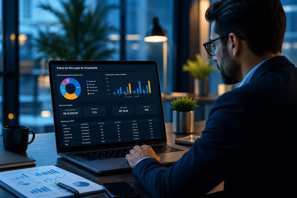 Estrategista de mídia analisando painel de alocação de orçamento de tráfego pago em um laptop em ambiente de escritório.