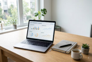 Notebook aberto sobre uma mesa de madeira exibindo um painel de métricas e gráficos de desempenho, ao lado de um caderno de anotações, uma caneta e uma xícara de café.