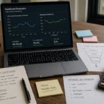 Mesa de trabalho com notebook exibindo dashboard escuro de marketing com métricas de CAC, Retenção e LTV, acompanhado de calculadora e anotações sobre tração real.