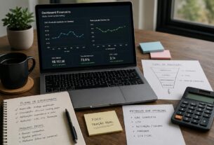 Mesa de trabalho com notebook exibindo dashboard escuro de marketing com métricas de CAC, Retenção e LTV, acompanhado de calculadora e anotações sobre tração real.