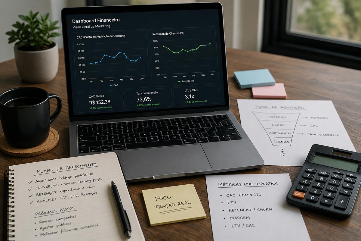 Mesa de trabalho com notebook exibindo dashboard escuro de marketing com métricas de CAC, Retenção e LTV, acompanhado de calculadora e anotações sobre tração real.