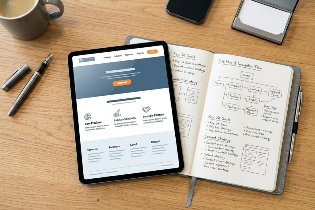 Visão superior de mesa executiva com tablet exibindo estrutura de layout limpo e hierarquizado para site B2B.