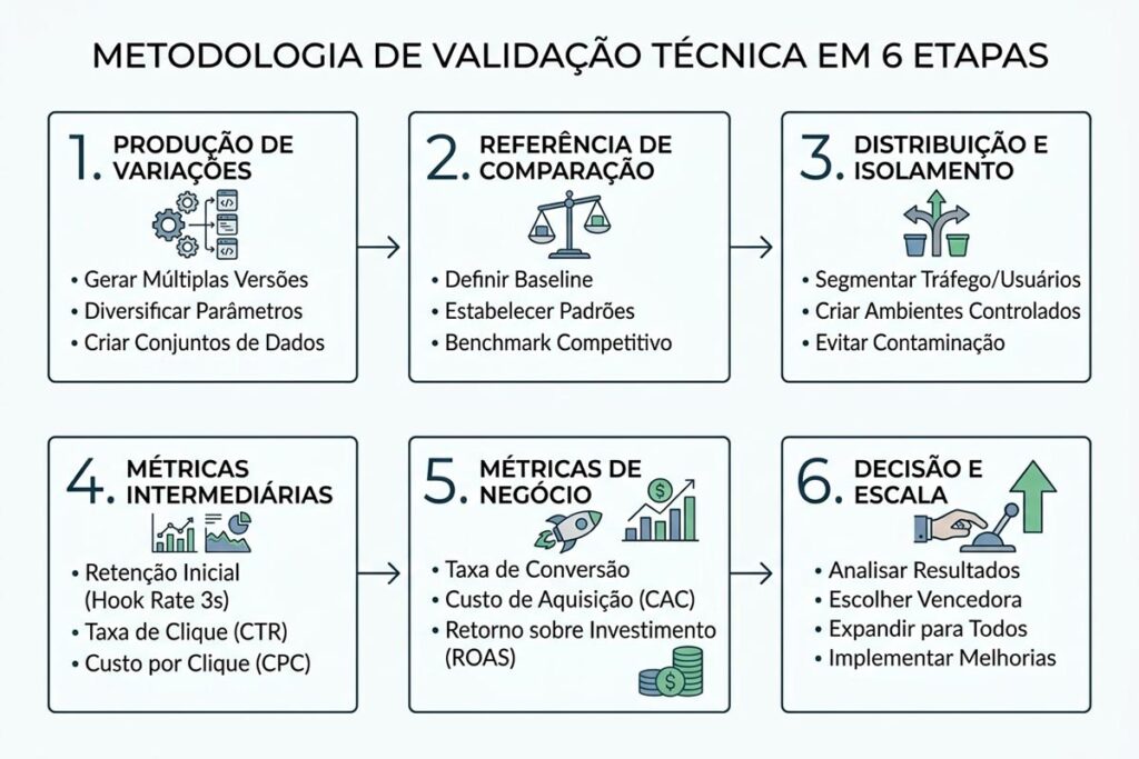 Infográfico exibindo metodologia de validação técnica em 6 etapas para testes de criadores de conteúdo no tráfego pago.