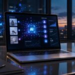 Notebook sobre mesa de escritório exibindo painel digital com conexões de inteligência artificial, análise de dados e criativos de anúncios no leilão do Meta Ads.
