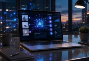 Notebook sobre mesa de escritório exibindo painel digital com conexões de inteligência artificial, análise de dados e criativos de anúncios no leilão do Meta Ads.