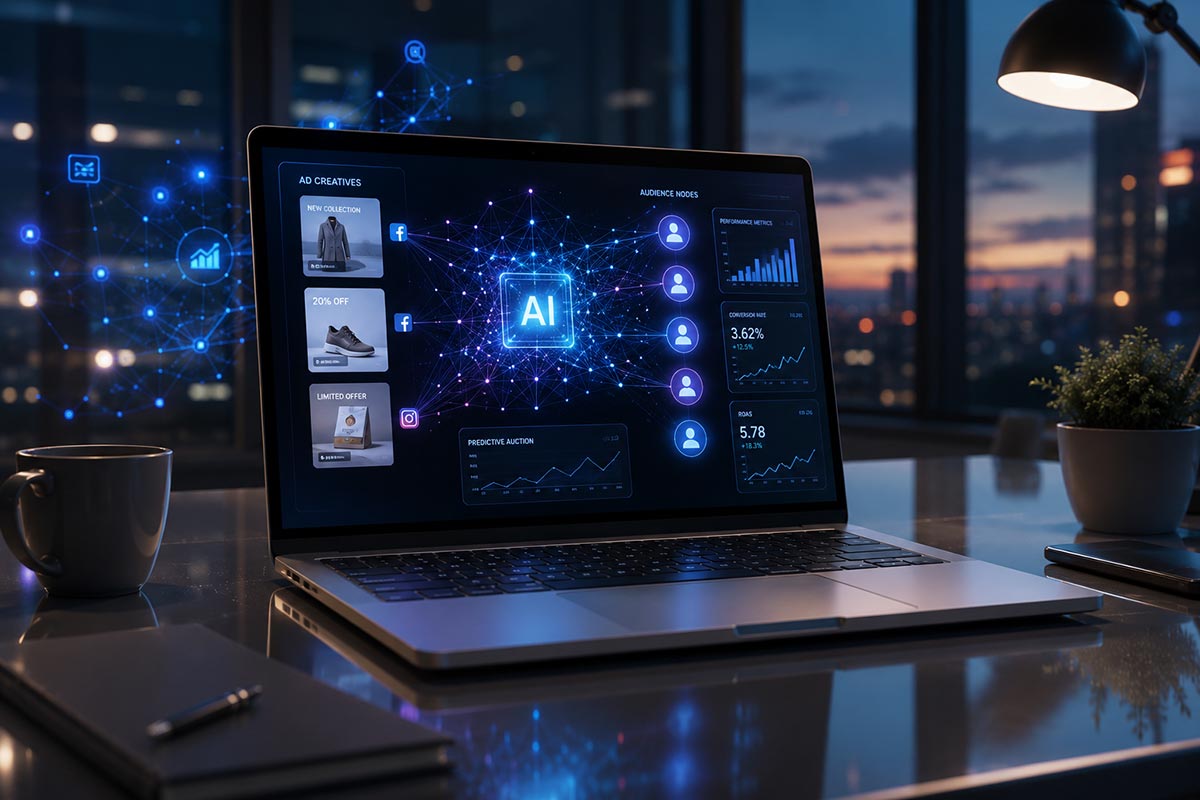 Notebook sobre mesa de escritório exibindo painel digital com conexões de inteligência artificial, análise de dados e criativos de anúncios no leilão do Meta Ads.