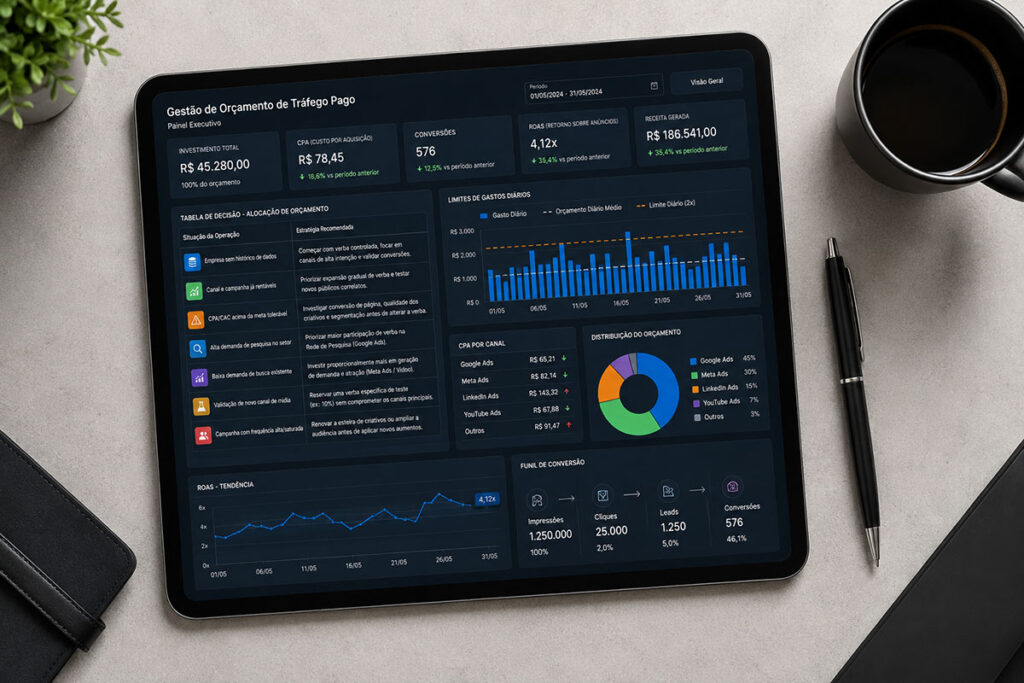 Tablet em vista superior exibindo painel executivo com métricas de tráfego pago, limites de gastos diários e tabela de decisão de alocação de verba.