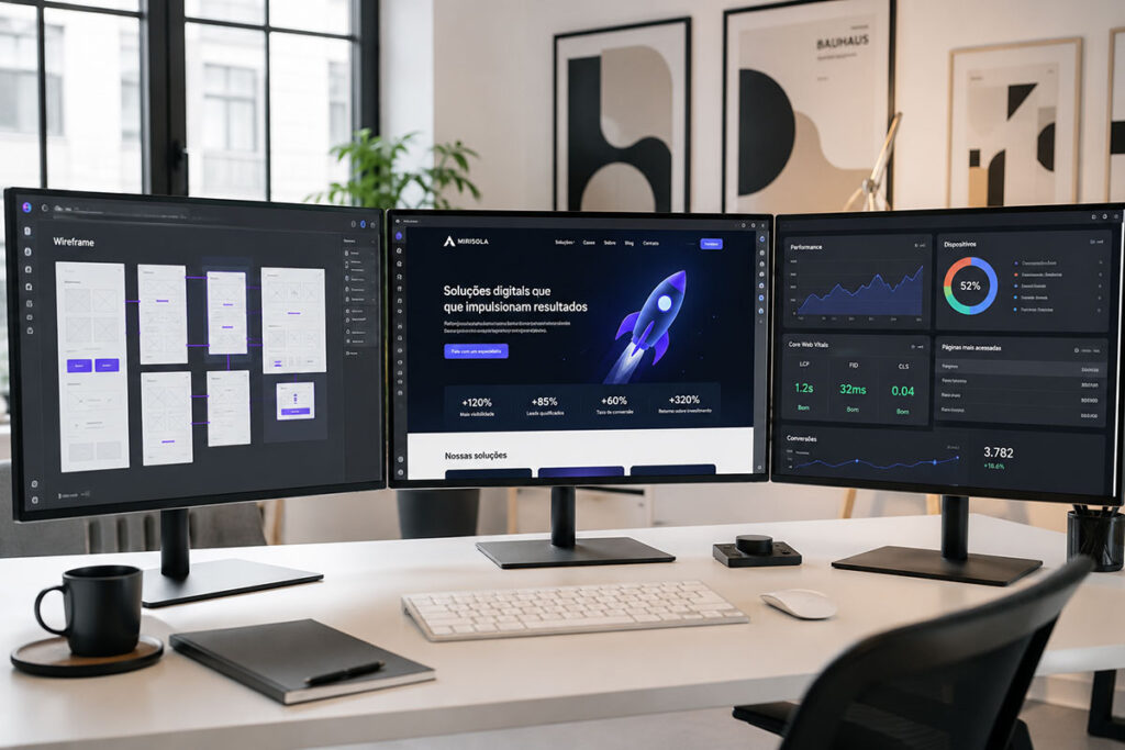 Três monitores em estação de trabalho exibindo wireframe de layout, interface de site corporativo e painel com métricas do Core Web Vitals.