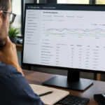 Profissional analisando o painel de termos de pesquisa e gráficos de desempenho do Google Ads em um monitor de computador.