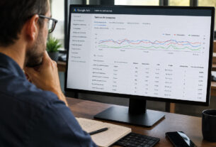 Profissional analisando o painel de termos de pesquisa e gráficos de desempenho do Google Ads em um monitor de computador.