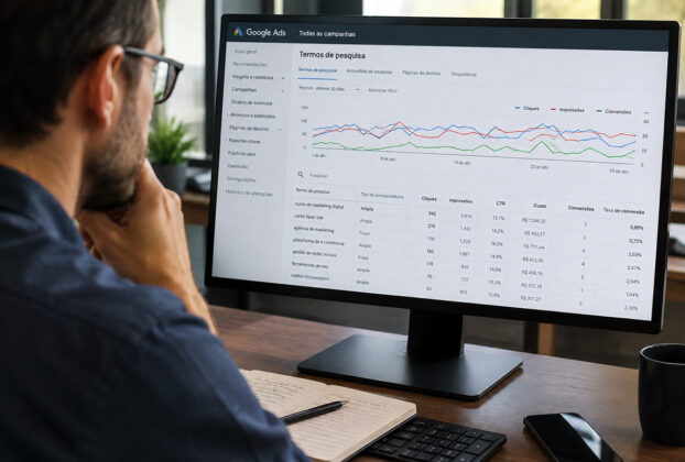 Profissional analisando o painel de termos de pesquisa e gráficos de desempenho do Google Ads em um monitor de computador.