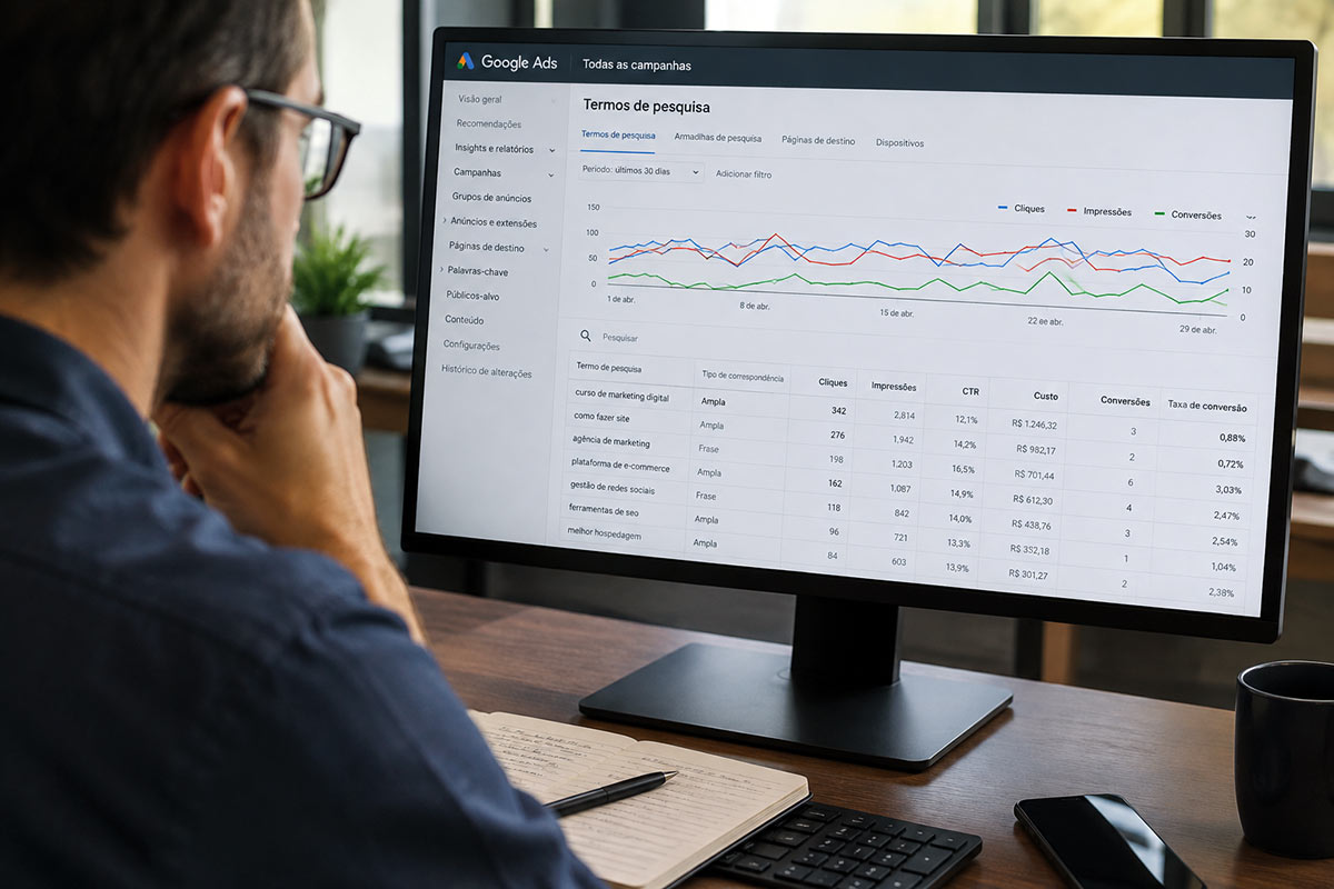Profissional analisando o painel de termos de pesquisa e gráficos de desempenho do Google Ads em um monitor de computador.