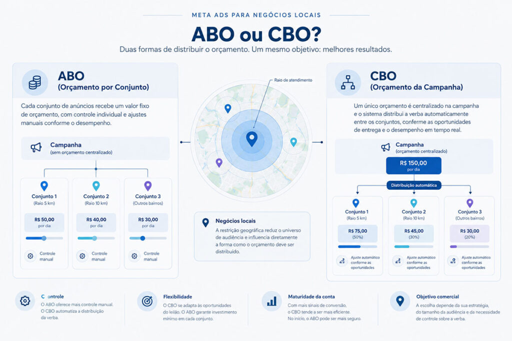 Infográfico comparativo entre ABO e CBO no Meta Ads mostrando distribuição de orçamento por conjunto e por campanha com mapa de raio geográfico local.
