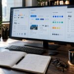 Estação de trabalho com monitor widescreen exibindo interface de Design System com tokens de cores, componentes e tipografia, acompanhada de caderno com esboços de wireframe, café e óculos sobre mesa de madeira.