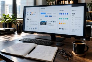 Estação de trabalho com monitor widescreen exibindo interface de Design System com tokens de cores, componentes e tipografia, acompanhada de caderno com esboços de wireframe, café e óculos sobre mesa de madeira.