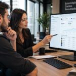Dois profissionais de marketing digital analisando o painel de métricas do Gerenciador de Anúncios em um escritório.