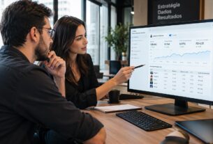 Dois profissionais de marketing digital analisando o painel de métricas do Gerenciador de Anúncios em um escritório.