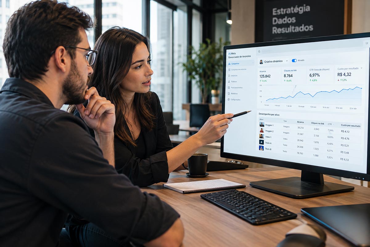 Dois profissionais de marketing digital analisando o painel de métricas do Gerenciador de Anúncios em um escritório.