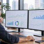 Profissional analisando painéis de dados integrados de marketing e desempenho em monitores duplos no escritório.